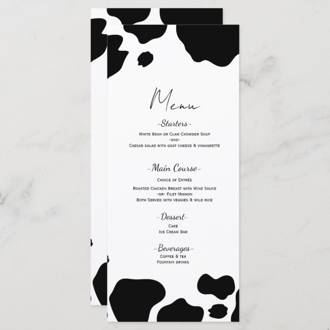 Moo Cow Spots Impressão Black White Weding Menu (Frente/Verso)