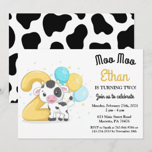 Moo Moo Estou com Dois Convite de Aniversário de 2