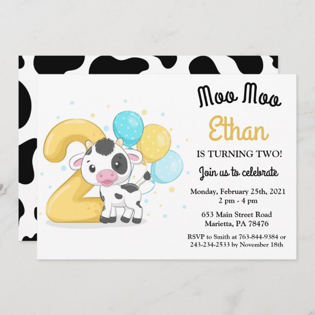 Moo, sou dois Convites de festas segundo aniversár (Frente/Verso)