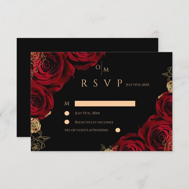 Moody Burgundy Roses Wedding RSVP card (Frente/Verso)