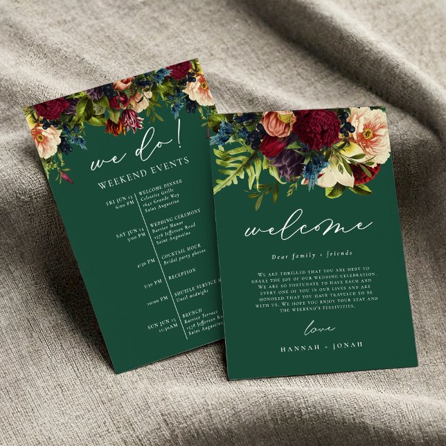 Moody Floral Emerald Wedding Cartão de Boas-vindas (Criador carregado)