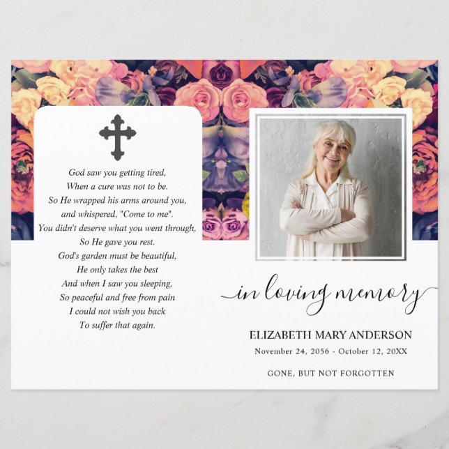 Moody Floral Watercolor Photo Funeral Program (Frente)