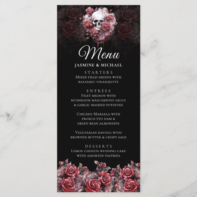 Moody Red Floral Skull Elegante Menu de Casamento  (Frente)