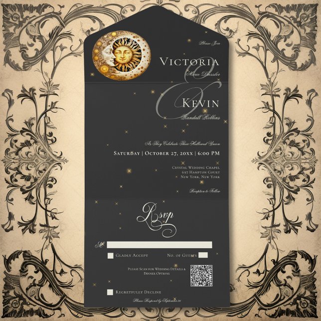 Moody Victorian Moon Sun Stars Código QR (Dark Moody Victorian Moon Sun Stars QR Code All In One Invitation)