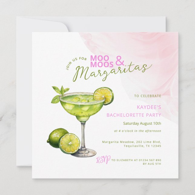 MooMoos & Margaritas Pink Bachelorette Invitation (Frente)