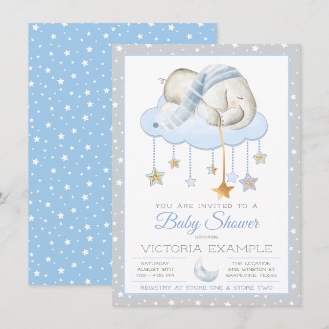 Moon Stars Boy Elephant Baby Shower Convites (Frente/Verso)