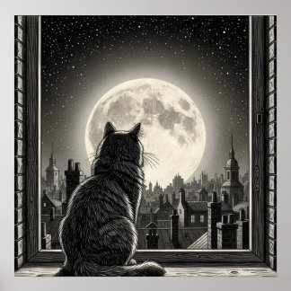 Moonlit Cityscape Cat Poster - Black & White Noir 