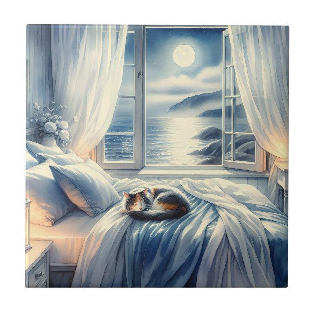 Moonlit Coastal Bedroom with Sleeping Cat (Frente)