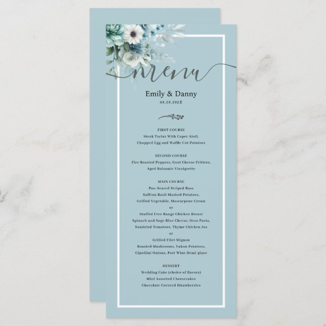 Morandi Ash Blue Elegant Botanical Wedding Menu (Frente/Verso)
