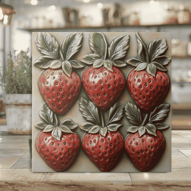 Morango Italiano Glacê em 3D Falso (Strawberry ceramic tile with faux 3D effect for Italian and country kitchen decor cottaage core)