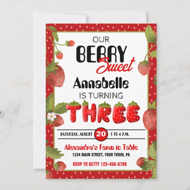 Morango Terceiro Convite de aniversário (Frente)