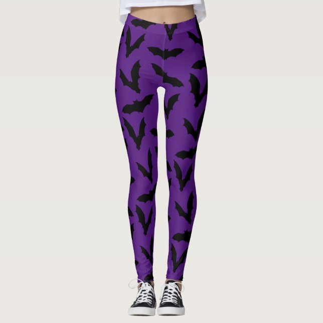 Morcegos Em Leggings De Halloween Roxas (Frente)