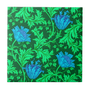 Morris Anemone Pattern, Emerald Green & Blue Azule