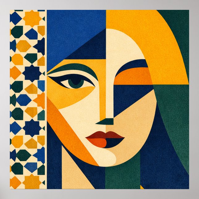 Mosaic Woman Portrait Art Geometric Boho Poster (Frente)