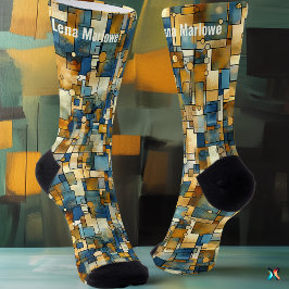 Mosaico Abstrato em Azul e Dourado Contemporâneo 