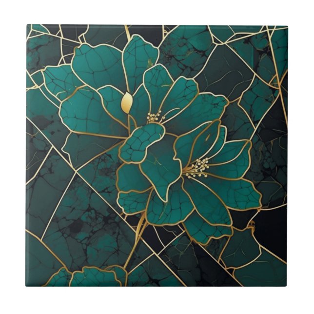 Mosaico de Mármore Art Déco Floral Esmeralda Verde (Frente)
