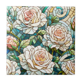 Mosaico de Vidro Colorido com Rosas Brancas