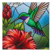 Mosaico Floral de Jardim de Beija-flor em Vidro