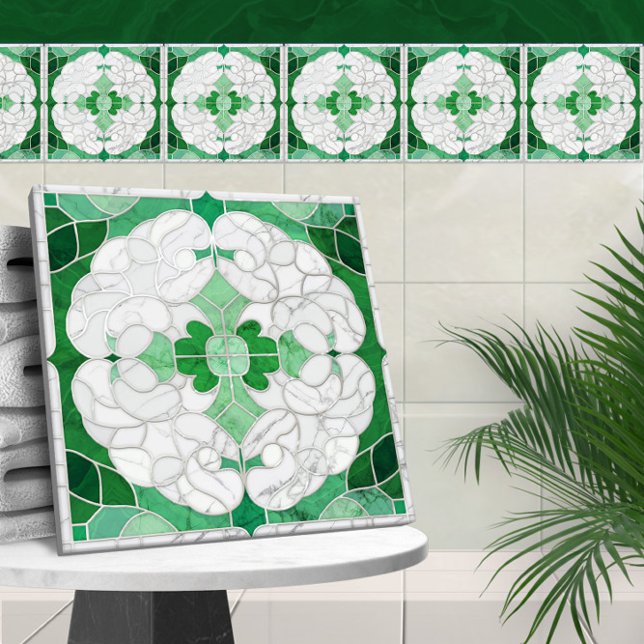 Mosaico Flourish Marble Ornament Verde e Branco (Criador carregado)