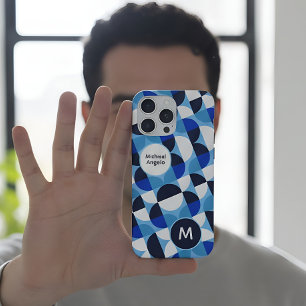 Mosaico Geométrico Azul Monograma Bauhaus Nome Per