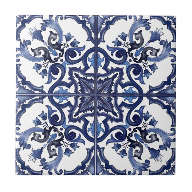 Mosaico Maiolica Siciliano, italiano azul e branco (Frente)