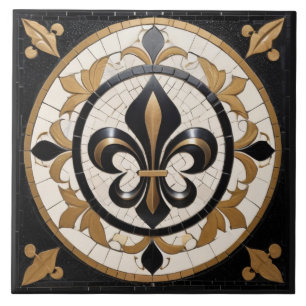 Mosaico Preto Branco e Dourado Fleur de Lis Faux