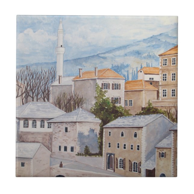 Mostar, Bósnia - Pintura de paisagem acrílica (Frente)