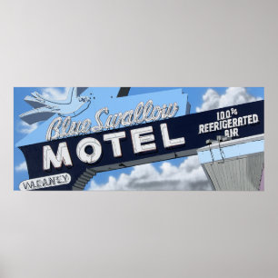 Motel azul da andorinha no poster retro da rota 66