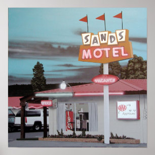 Motel das areias no poster de néon retro da rota