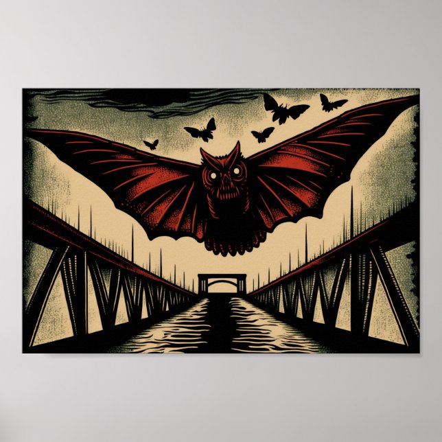 Mothman e Bridge Spooky Woodcut Art Impressão (Frente)