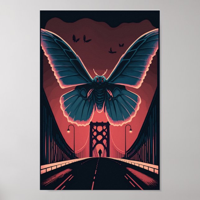 Mothman e Bridge Spooky Woodcut Art Impressão (Frente)