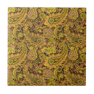 Motivo Paisley em Amarelo, Marrom sobre Fundo Pret