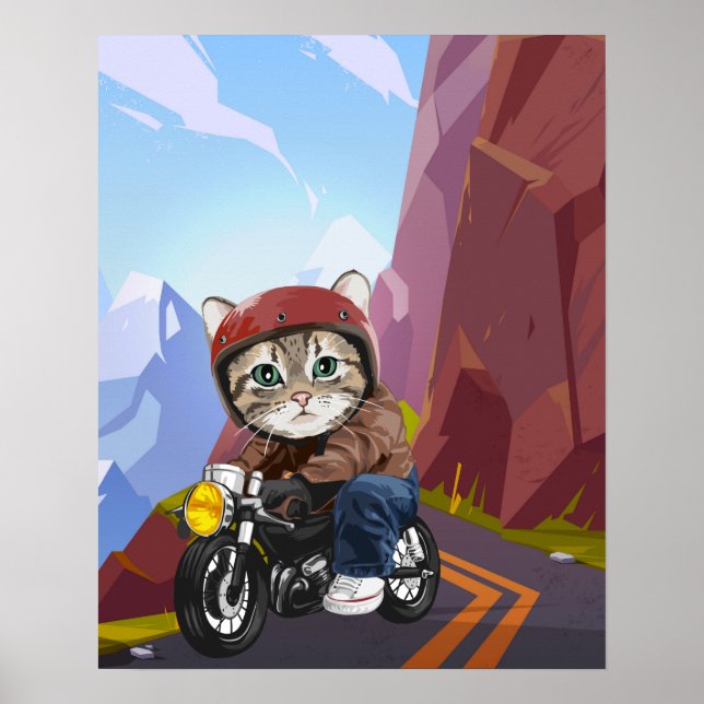 Motocicleta De Gato Na Estrada De Montanha Poster (Frente)