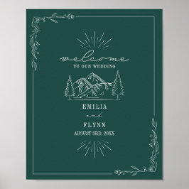 Mounains Line Art Emerald Wedding Poster