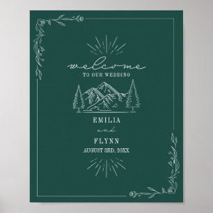 Mounains Line Art Emerald Wedding Poster