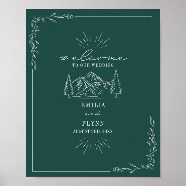 Mounains Line Art Emerald Wedding Poster (Frente)