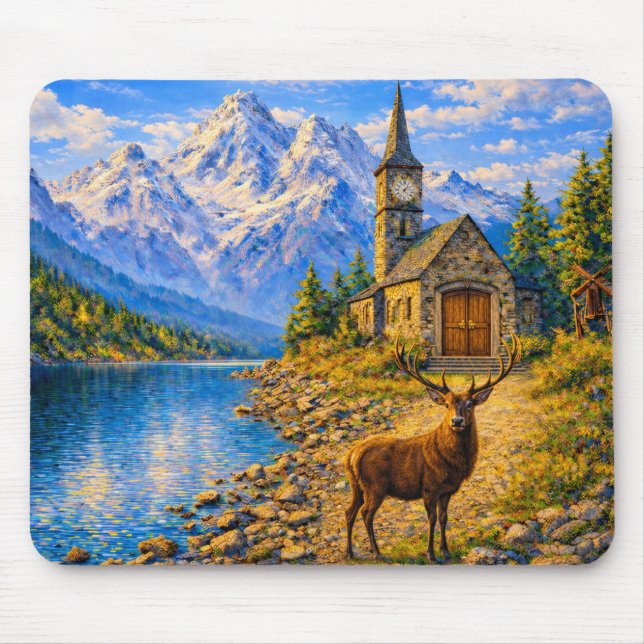 Mountain Lake Deer Chapel Mouse Pad (Frente)