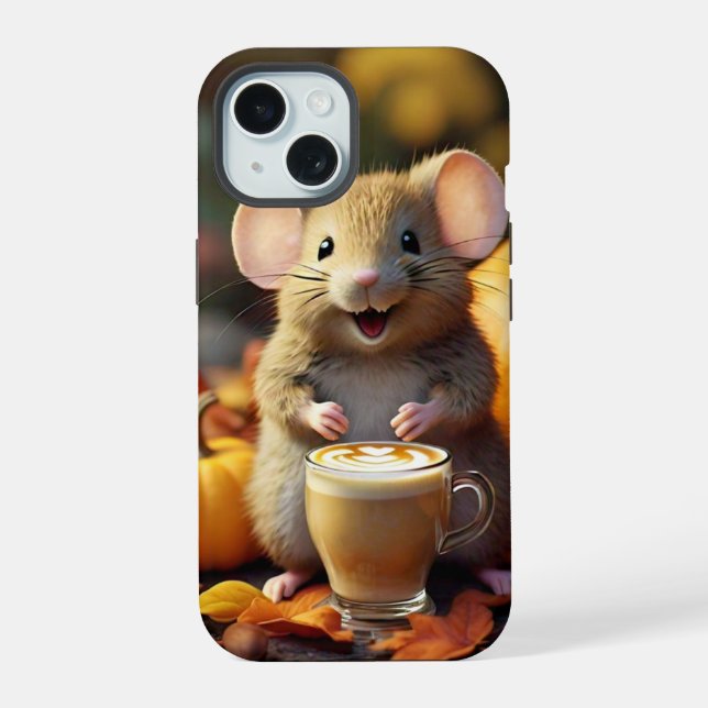 Mouse Adorável com Latte no iPhone 15 de outono (Verso)