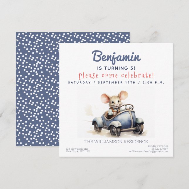 Mouse bonito em um Convite de festas de Aniversári (Frente/Verso)
