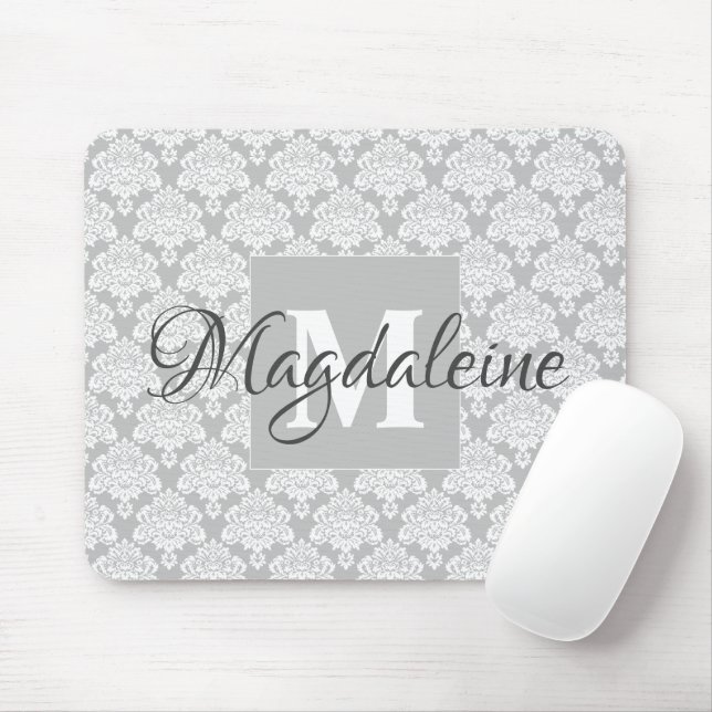 Mouse Pad Damask cinza com Monograma e Nome (Com mouse)