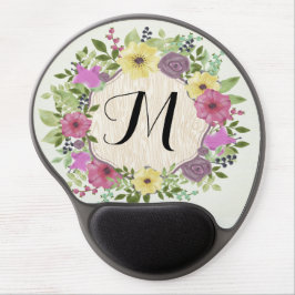 Mouse Pad De Gel A aguarela colorida floresce o monograma fino