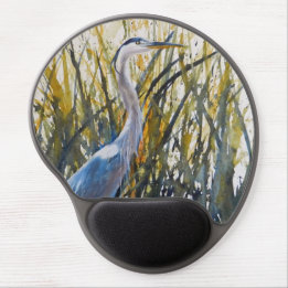 Mouse Pad De Gel "Nature Green Blue Heron Contemporânea Watercolor"