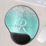 Mouse Pad De Gel Teal Brugado Metal Silver Glitter Nome Monograma<br><div class="desc">Personalize facilmente esta trendy pastilha do mouse chic design com brilho bonito prateado em um fundo metálico escovado teal.</div>