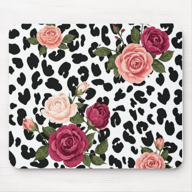 Mouse Pad Estampa de Leopardo Vintage com Rosas (Frente)