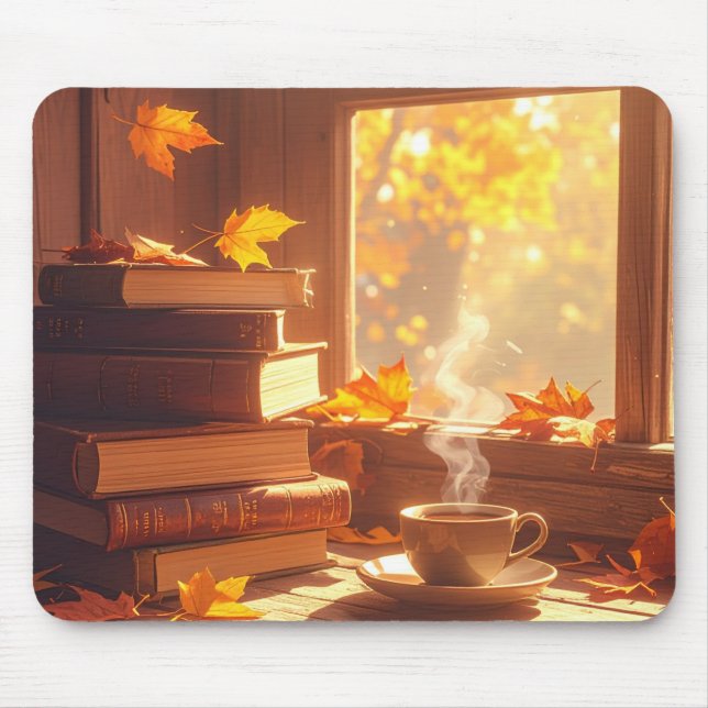 Mouse Pad Livros e Café de Outono Aconchegante (Frente)