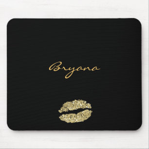 Mouse Pad Preto com Brilho Dourado Beijos Lábios