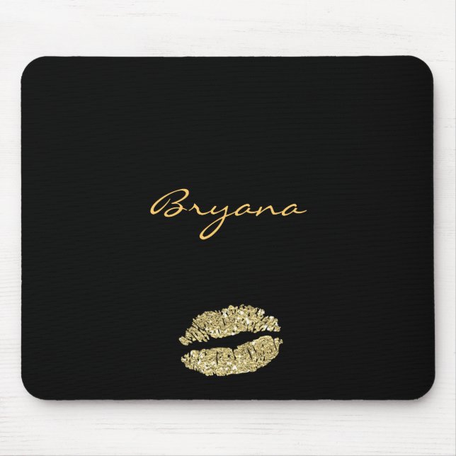 Mouse Pad Preto com Brilho Dourado Kiss Lips (Frente)