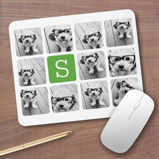 Mousepad 11 Colagem de Fotografias - Monograma Verde Branco (Personalized mousepad - Add Photos and Custom Text)