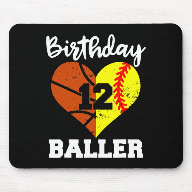 Mousepad 12 Birthday Baller Diversão de 12 anos de Softball (Frente)