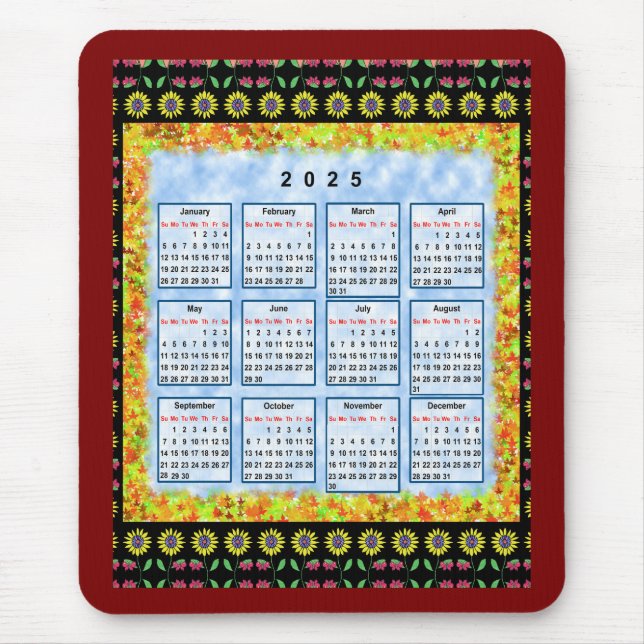 Mousepad 12 meses Calendário inglês do ano de 2025 (Frente)